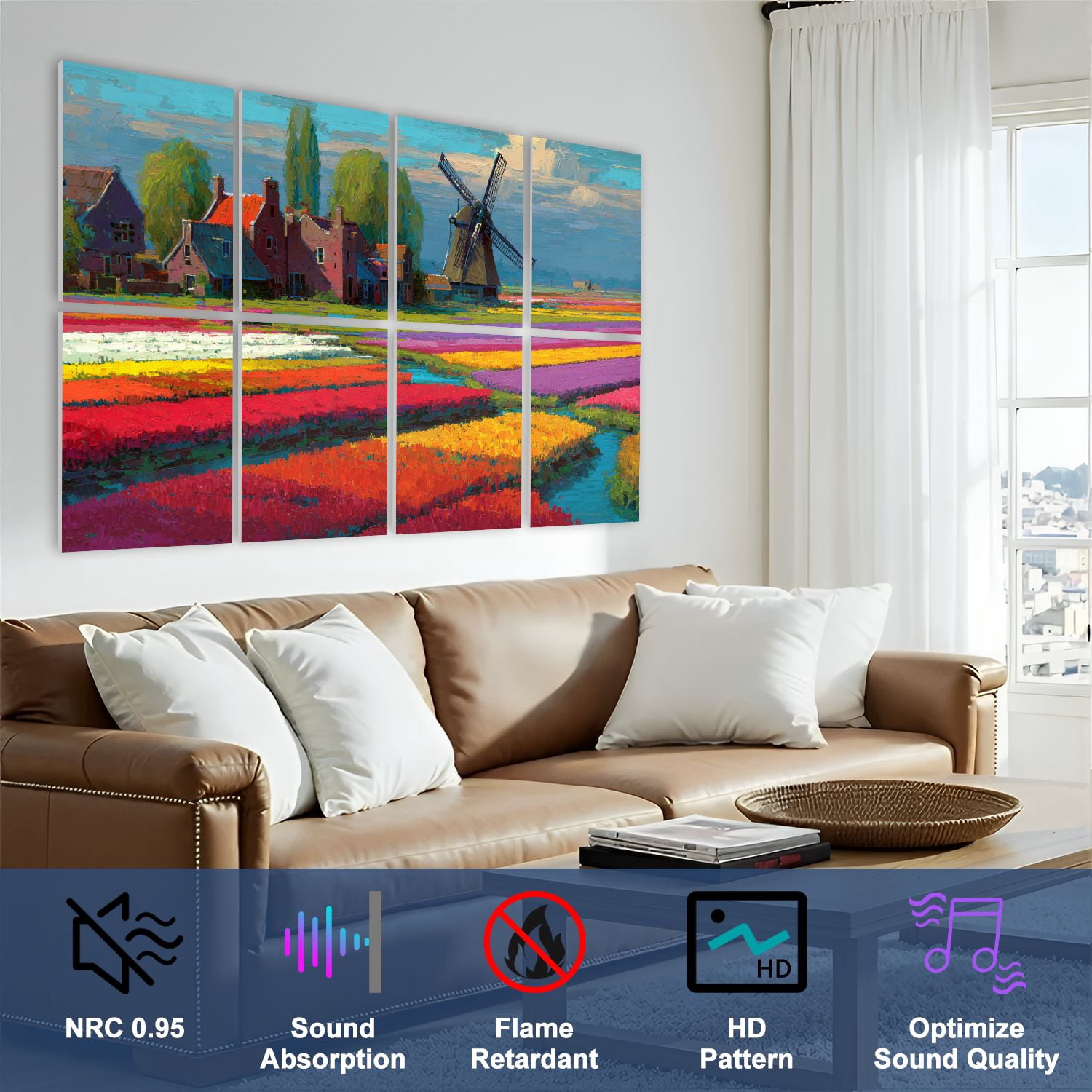 Windmill 8 Pack Art Acoustic Panels Sound Absorbing Moody Dutch Landscape Windmill Tulips Scenic Canal Decorative Soundproof Wall Panels Self Adhesive for Nursery Game Room Bedroom 48"x32"