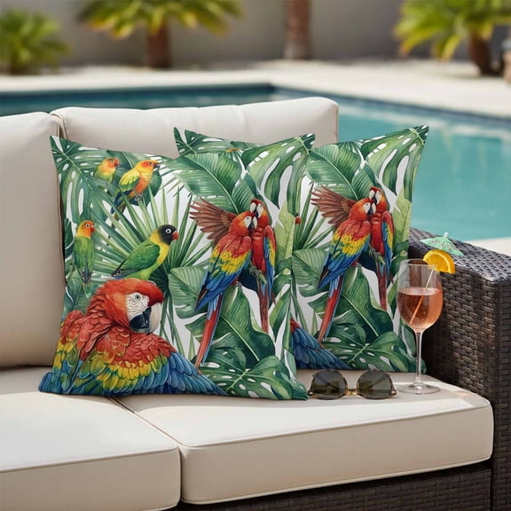 Tropical Plants Outdoor Pillow Covers 24x24 Inch Throw Pillow Covers Set of 2 Waterproof Decorative Pillow Cases Summer Rustic Monstera Palm Leaves Birds Green Cushion Covers for Patio Furniture