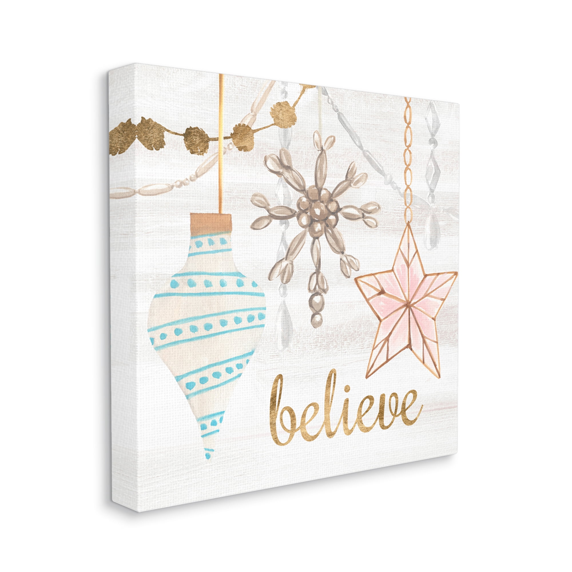 Glimmering Believe Text Holiday Ornaments Star Snowflake Inspirational Graphic Art Gallery-Wrapped Canvas Print Wall Art