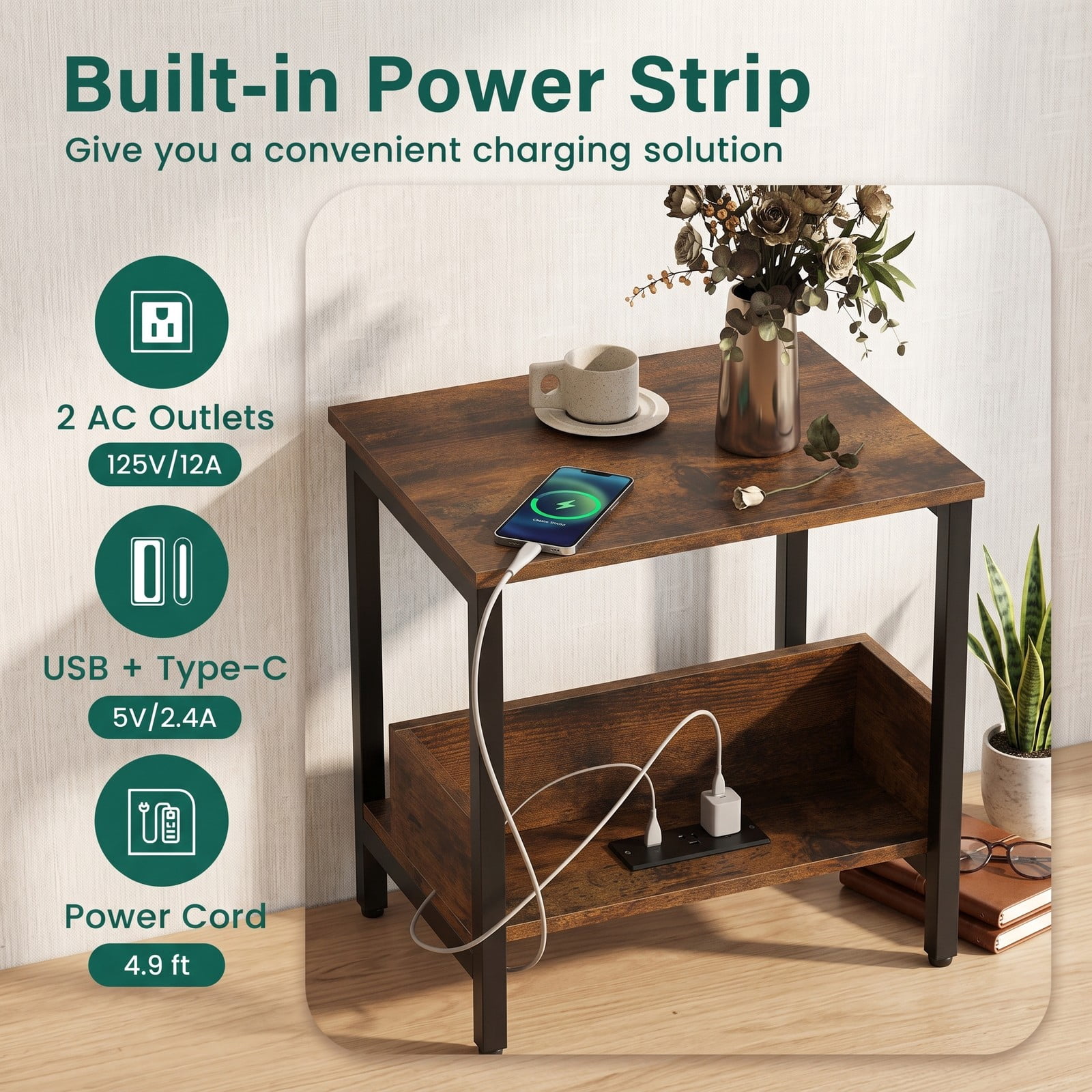 Furnibear Side End Table with Charging Station, 3-Tier Nightstand with 2 AC Outlets, USB & Type-C Ports, Open Shelves Sofa Side Table for Living Room, Rustic Brown