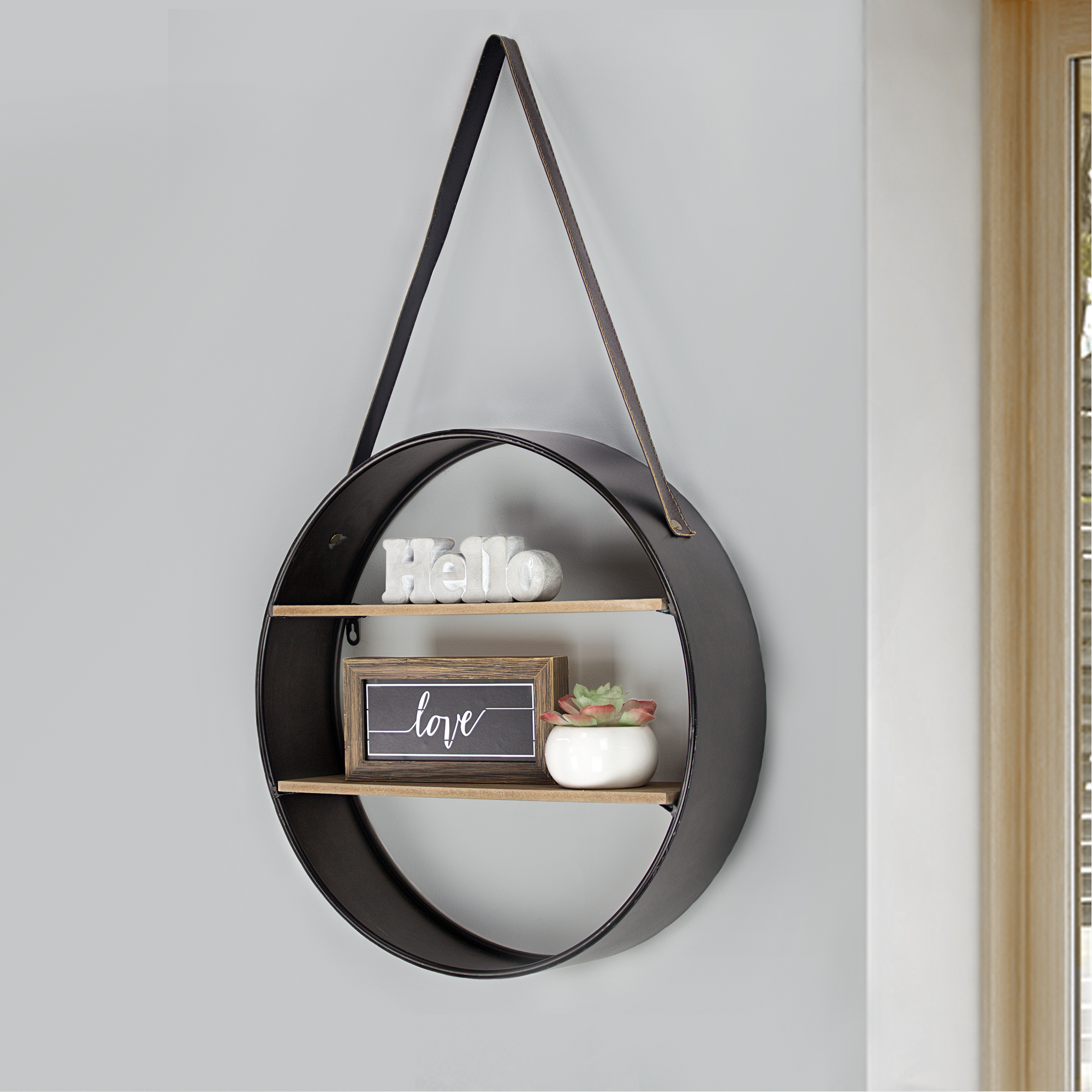 American Art Decor Metal and Wood Round Hanging Wall Shelf with Strap (33" x 19) - image 2 of 8