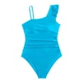 thumbnail image 4 of SHenli Girls Swimsuit One Piece Cute Bow Girls Tankini Swimsuit Lightweight Contrasting Trim Girl Bathing Suit Beach Swimwear Ruched Adjustable Strap Blue 12-13 Years, 4 of 5