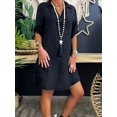 thumbnail image 2 of Robe Basique Grande Taille pour Femmes Manches Retroussables Col en V Ourlet Rond Mini Robe, 2 of 4