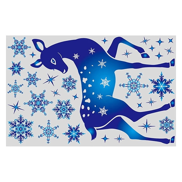 Pegatinas de copo de nieve de alce azul, pegatina de Navidad en la ventana, 3d pegatina de Año Nuevo, calcomanías de pared de invierno, decoración del hogar de Año Nuevo, navidad