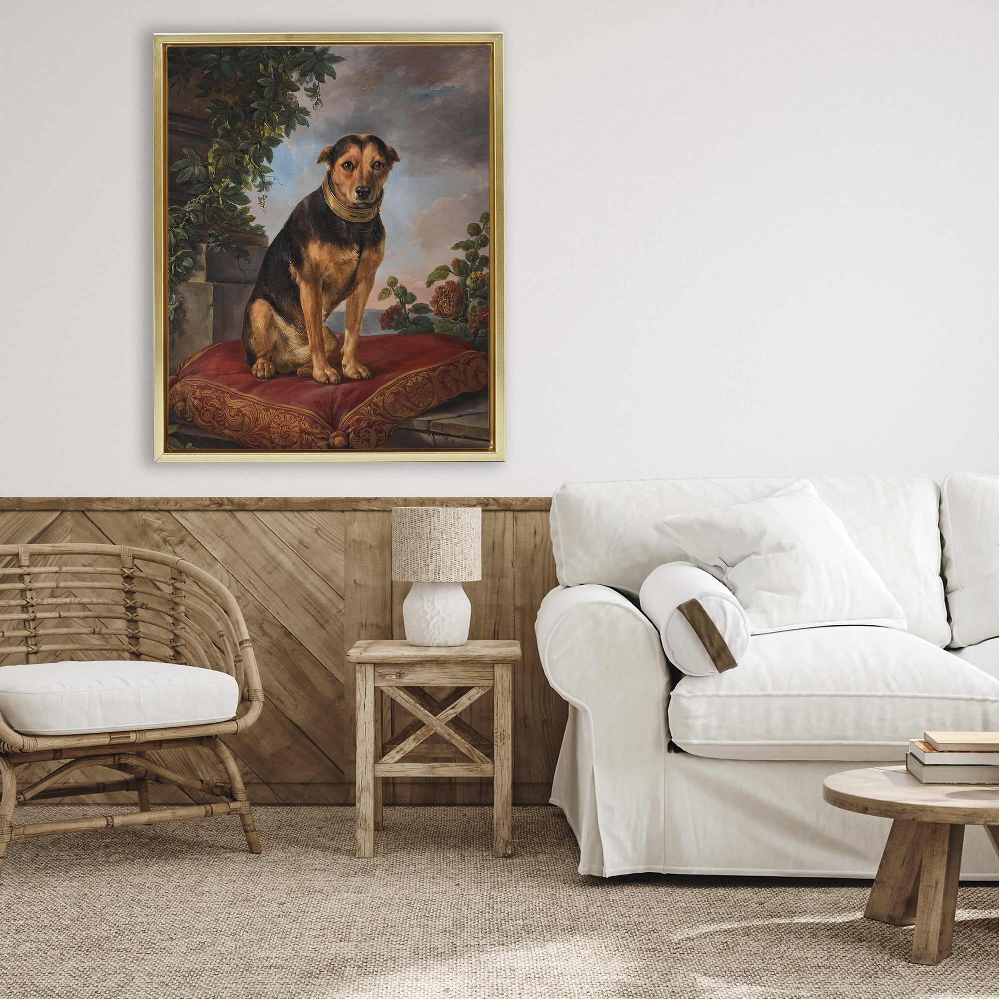 Stupell Industries Historical Dog on Cushion Gold Framed Floater Canvas Wall Art, design by Lil' Rue