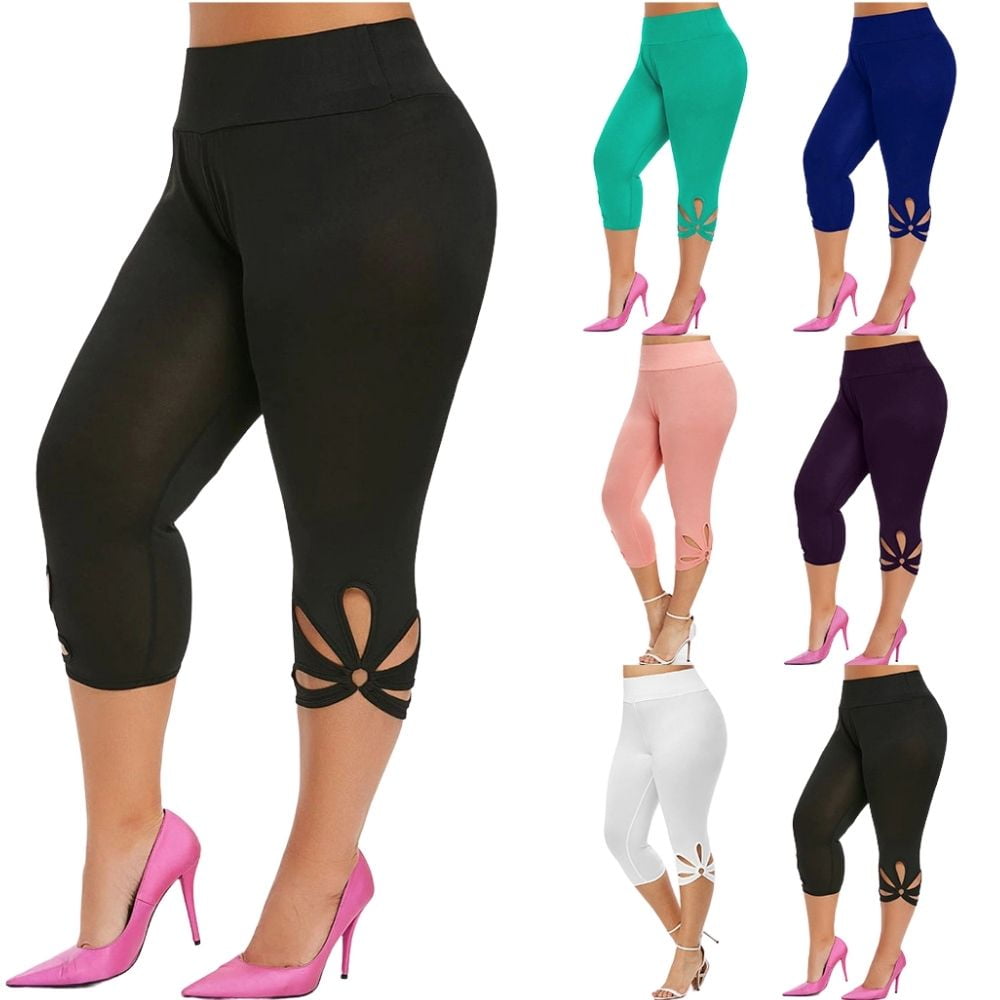 QLEICOM Womens Yoga Pants Capri Leggings Fashion Plus Size Solid Hollow ...