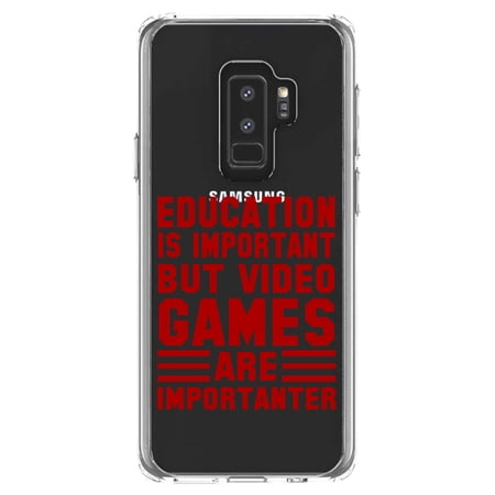 DistinctInk Clear Shockproof Hybrid Case for Samsung Galaxy S9+ PLUS (6.2 Screen) - TPU Bumper Acrylic Back Tempered Glass Screen Protector - Education is Important Video Games Importanter