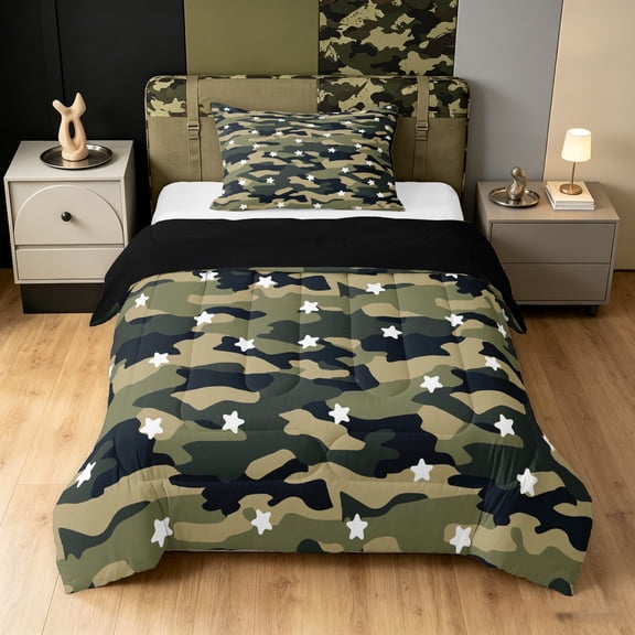 Manfei Minimalism Camo Twin Comforter Sets, Old Fashion Camouflage Bedding Set, Dark Olive Green, Black Reversible, 2-Piece, 1 Comforter and 1 Pillowcase