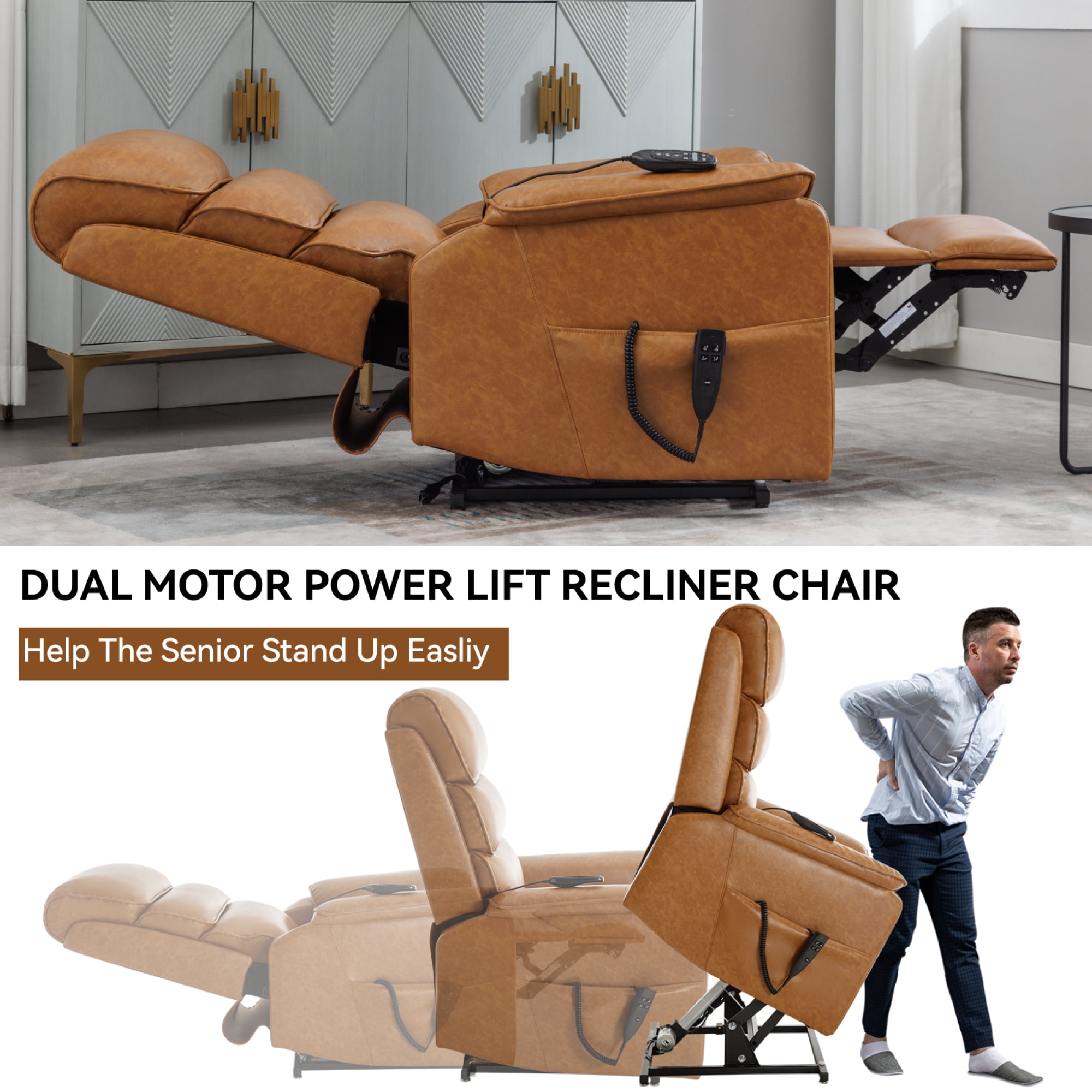 Leumius Power Lift Recliner Chair for Elderly with Vibration Massage and Lumbar Heating,Electric Lift Recliner Single Sofa with Side Pocket and Infinite Position for Living Room,Yellow Brown