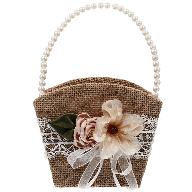 Cesta de pétalos con asa de perla para niña de las flores de boda para ceremonia de boda rústica vintage