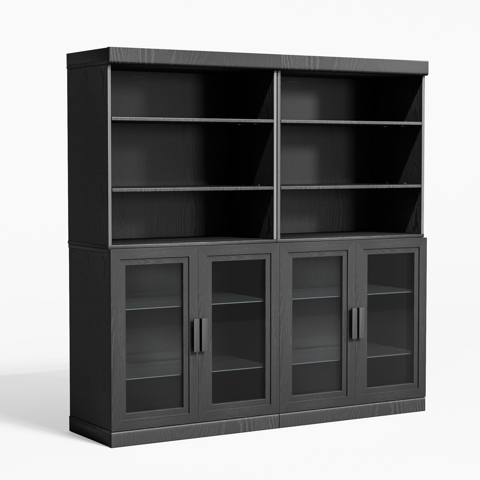 MAYEERTY Curio Display Cabinet with Glass Doors, DIY Combination Storage Cabinets with Adjustable Shelves for Living Room, Black
