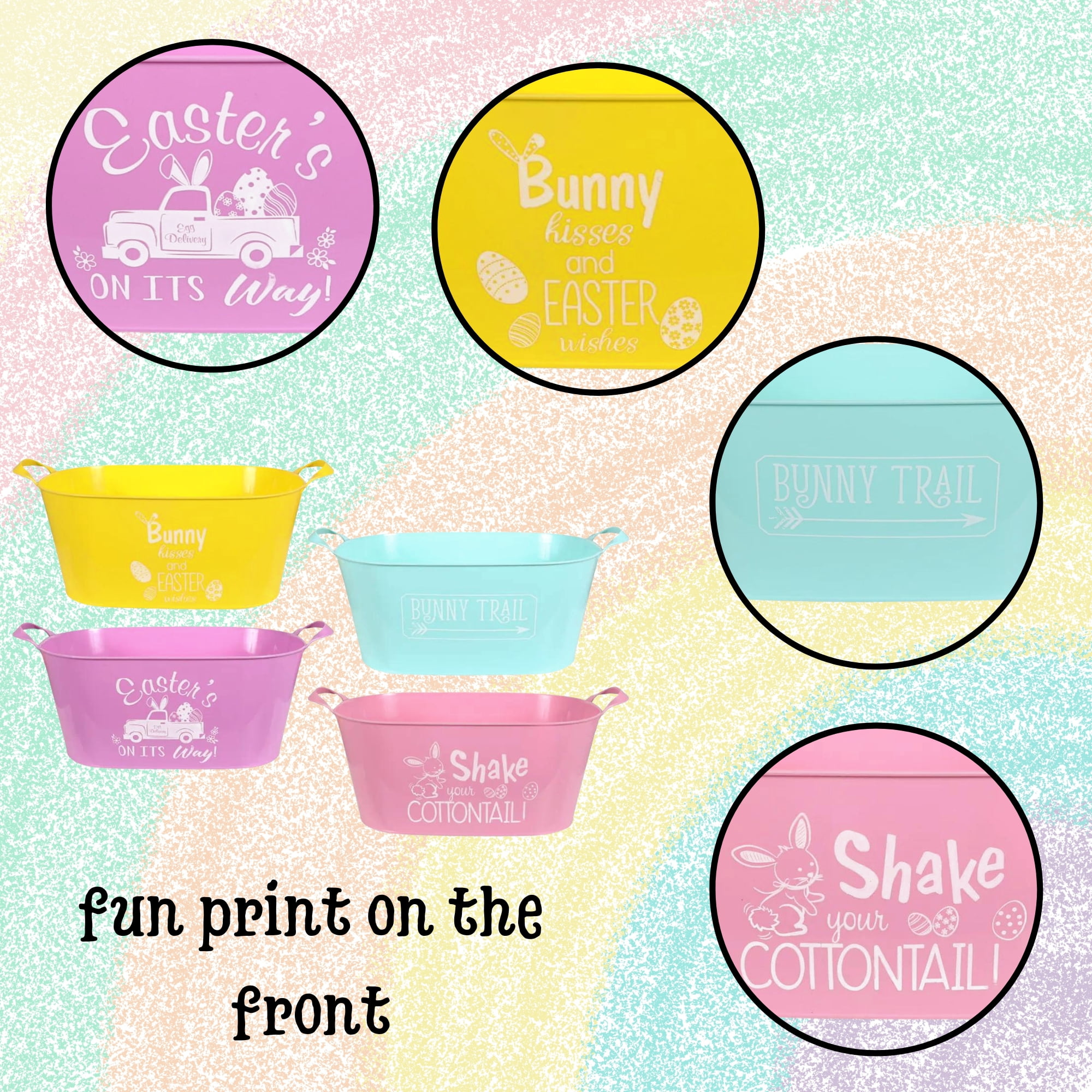 A1 Unlimited Plastic Oval Containers with Handles 13x6.875x4.625-in., Assorted Whimsical Colored Plastic Ice Bucket Baskets Cooler Easter Egg Hunt Stuff, 4ct. (Styles May Vary)