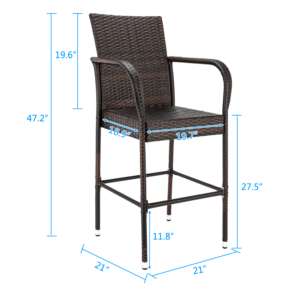 Outdoor Patio Bar Stools Set of 2, PE Rattan Bar Chairs with High Back and Armrest, Weather-Resistant Wicker Bar Height Chairs Furniture, Suitable for Poolside, Patio, Backyard, Garden, Balcony, B080 - image 3 of 8