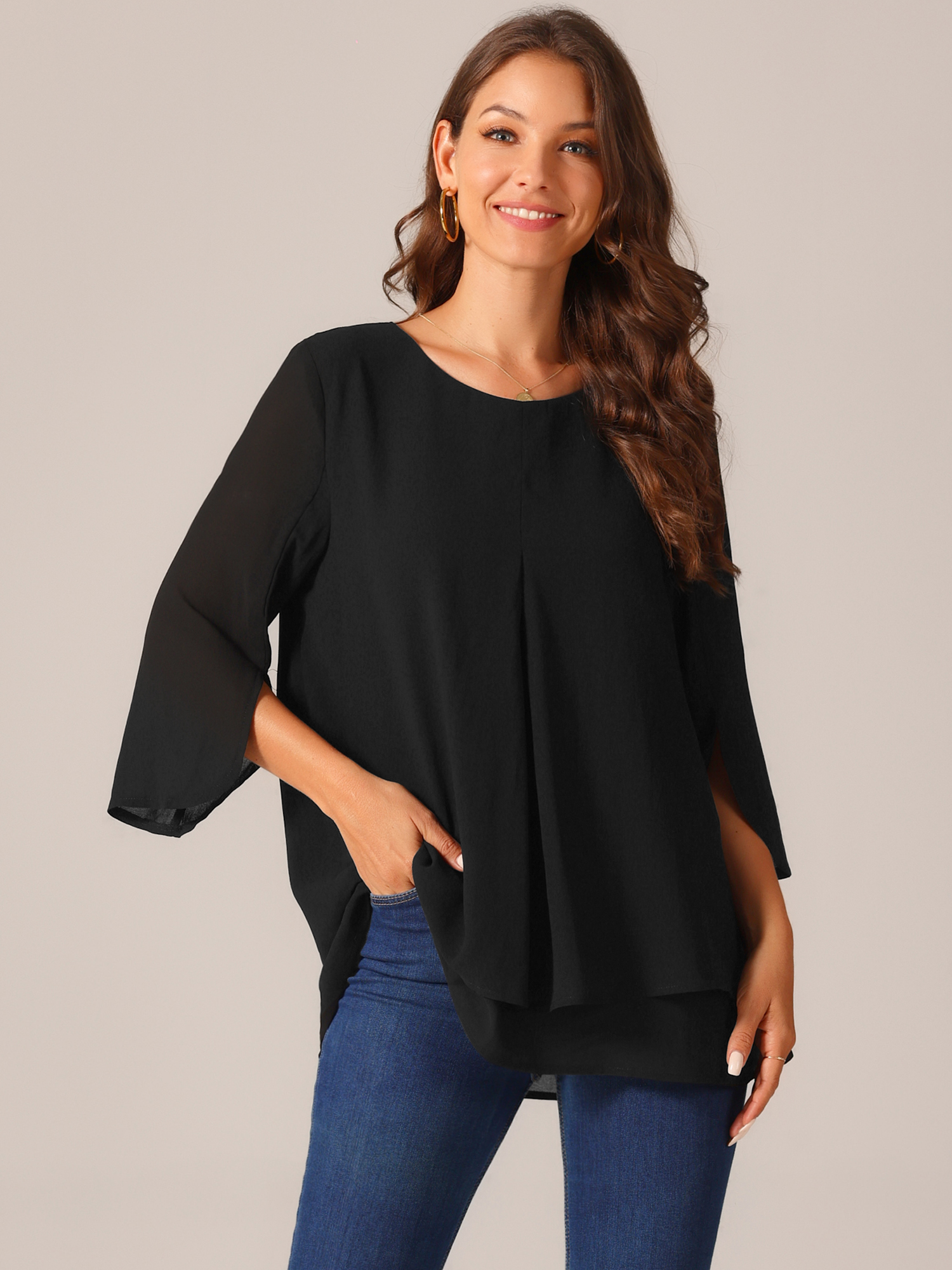 DARING DIVA Women's 3/4 Sleeve Chiffon Casual Crew Neck Blouses L Black