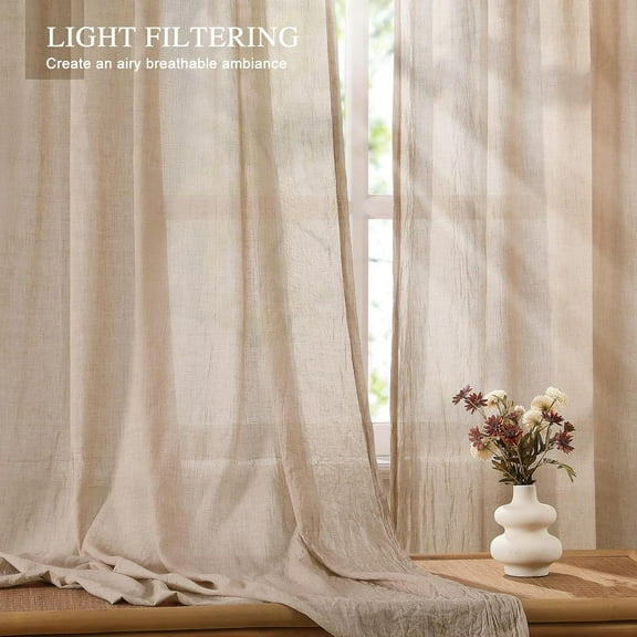 Tan Beige Sheer Curtains 96 Inches Long for Living Room, Bedroom Cotton Linen Textured Light Filtering Crinkle Semi Sheer Curtains Natural Rod Pocket Voile Drapes