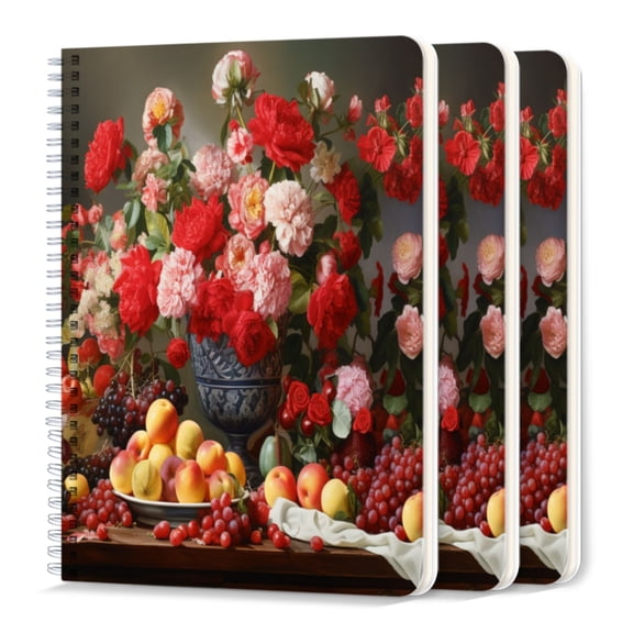 Spiral Journal Notebook,50 Sheets A5 College Ruled Notebook/Journal 3 Pcs for School Office Home - Red And Pink Roses And Peonies Fruits on The Table