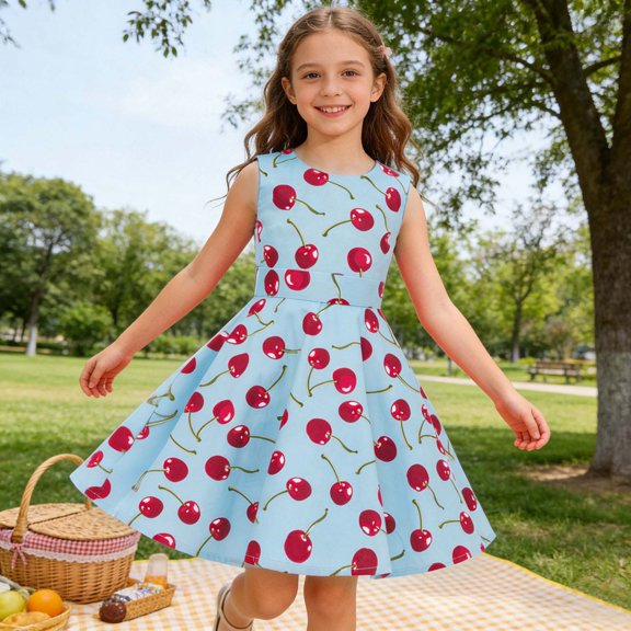 Girls Cherry Dresses Sleeveless Crewneck Cherry Print Fitted Summer Casual Girls Fun Dress Size 11-12Y