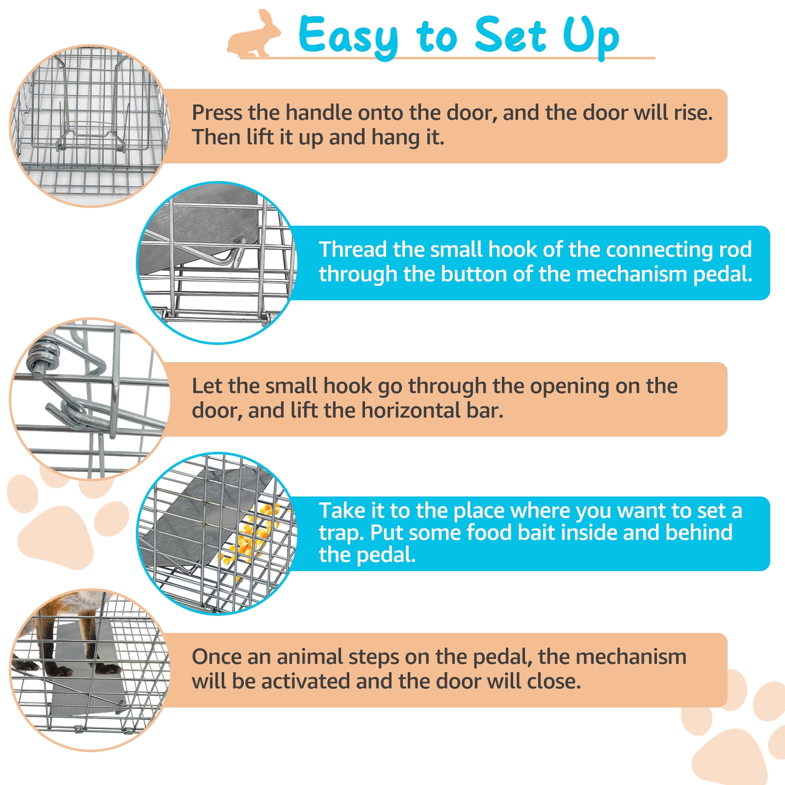 PRIJESSE 31inch Foldable Humane Live Animal Trap Cage for Squirrel, Rat, Bunny, Mink, No-Kill Bait Trapping Kit, Catch & Release, Silver