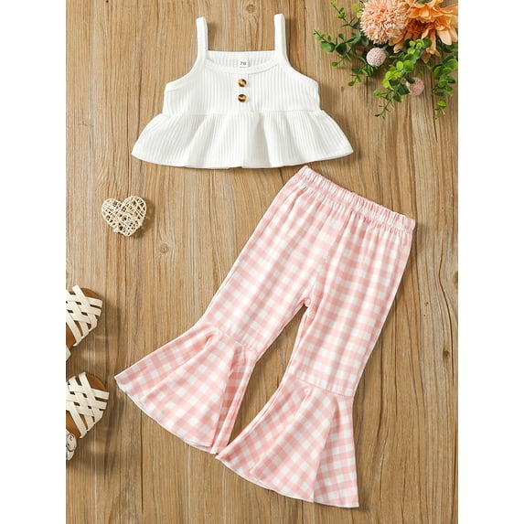 Qmyliery Baby Girl's Two-Piece Suit, Sleeveless Ruffle Hem Ribbed Sling Tops + Plaid Pattern Elastic Waist Flared Pants