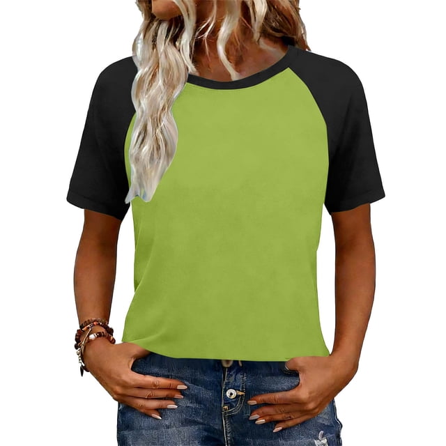 Camisetas de manga corta de verano para las mujeres Moda casual de manga de Raglan Color bloqueado Top, blusa de manga corta de las mujeres para la primavera