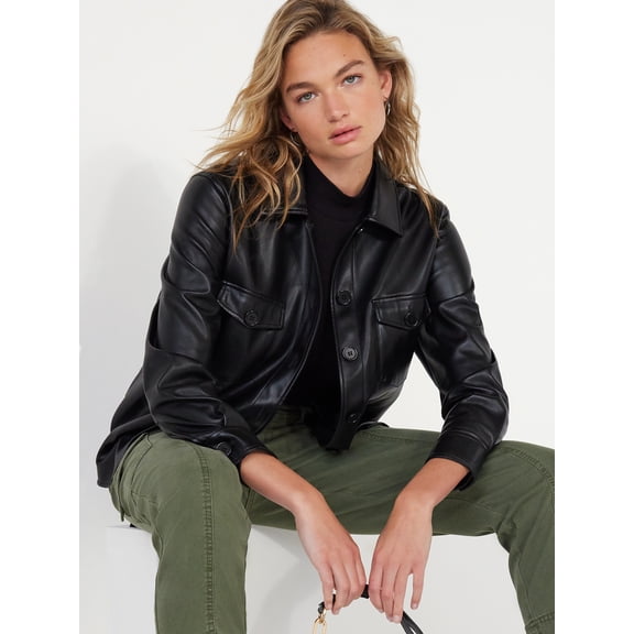 Time and Tru Women's Faux Leather Button Down Shacket, Sizes XS-3XL