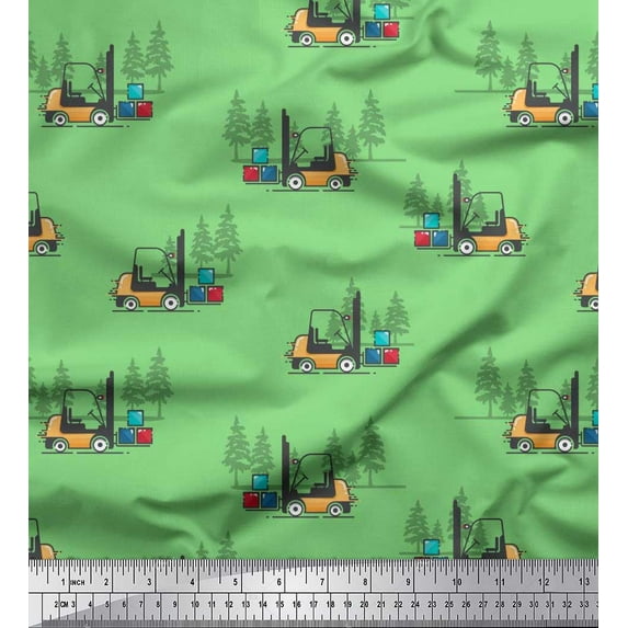 Soimoi Green Poly Georgette Fabric Tree & Forklift Truck Transport Fabric Prints By Yard 42 Inch Wide