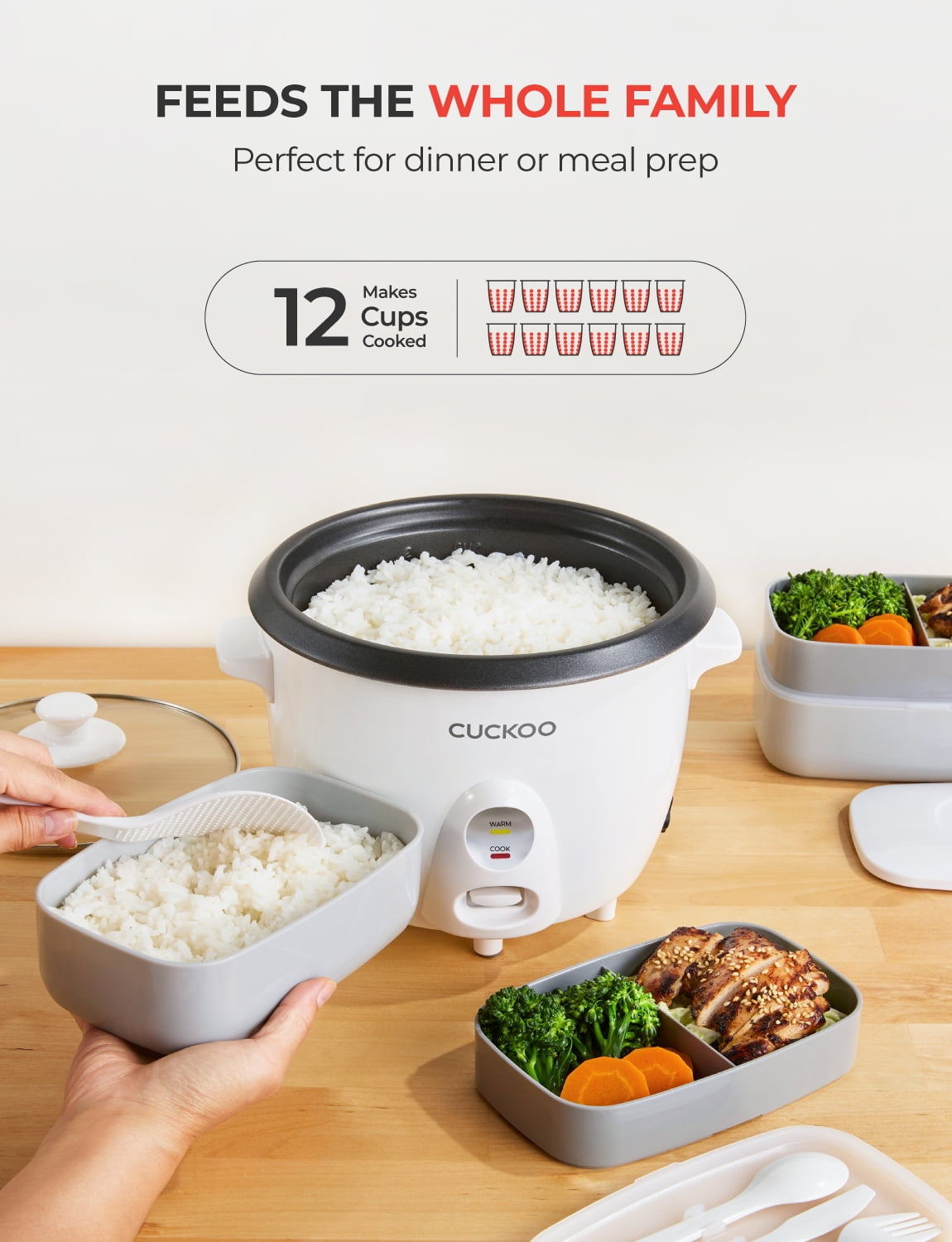 CUCKOO One Touch Rice Cooker 6-Cup (Uncooked) / 12-Cup (Cooked), Small Rice Cooker & Warmer with Steamer Tray, Versatile Grain Cooker, Soup Maker, Auto Keep Warm, White (CR-0601C)
