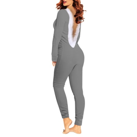 AOMPMSDX Womens Pajama Sets Solid V Neck Long Sleeve Open Back Furry Adult Jumpsuit Bodysuit Playsuit Romper Grey Nightgowns For Women XXL
