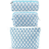Emlimny 3Pcs Checkered Makeup Bag for Women Large Cosmetic Bag Set Travel Toiletry Bag Makeup Pouch Bag for Purse Blue Zipper Storage Bag Organizer Cute Small Aesthetic Car Essentials Bag