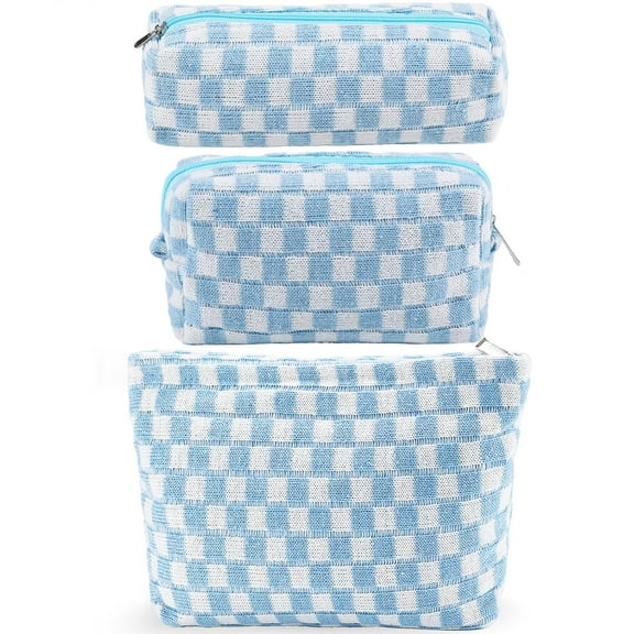 Emlimny 3Pcs Checkered Makeup Bag for Women Large Cosmetic Bag Set Travel Toiletry Bag Makeup Pouch Bag for Purse Blue Zipper Storage Bag Organizer Cute Small Aesthetic Car Essentials Bag