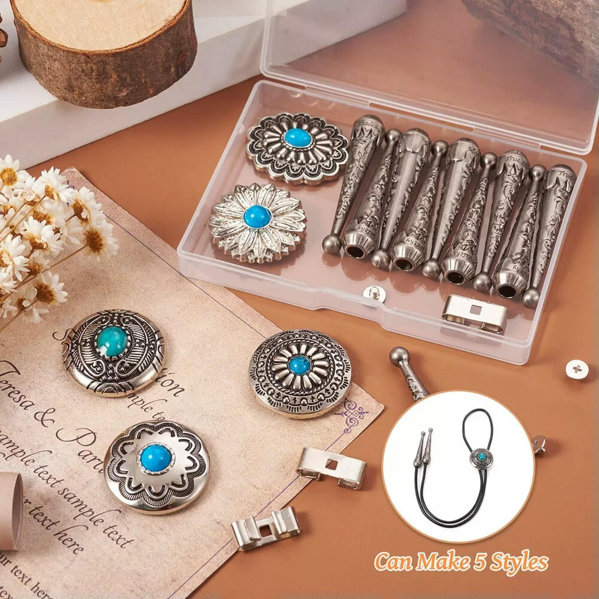 U8MO Zinc Alloy Buttons Cord End Braided Cowhide Cord DIY Flower Bolo Tie Making Kit