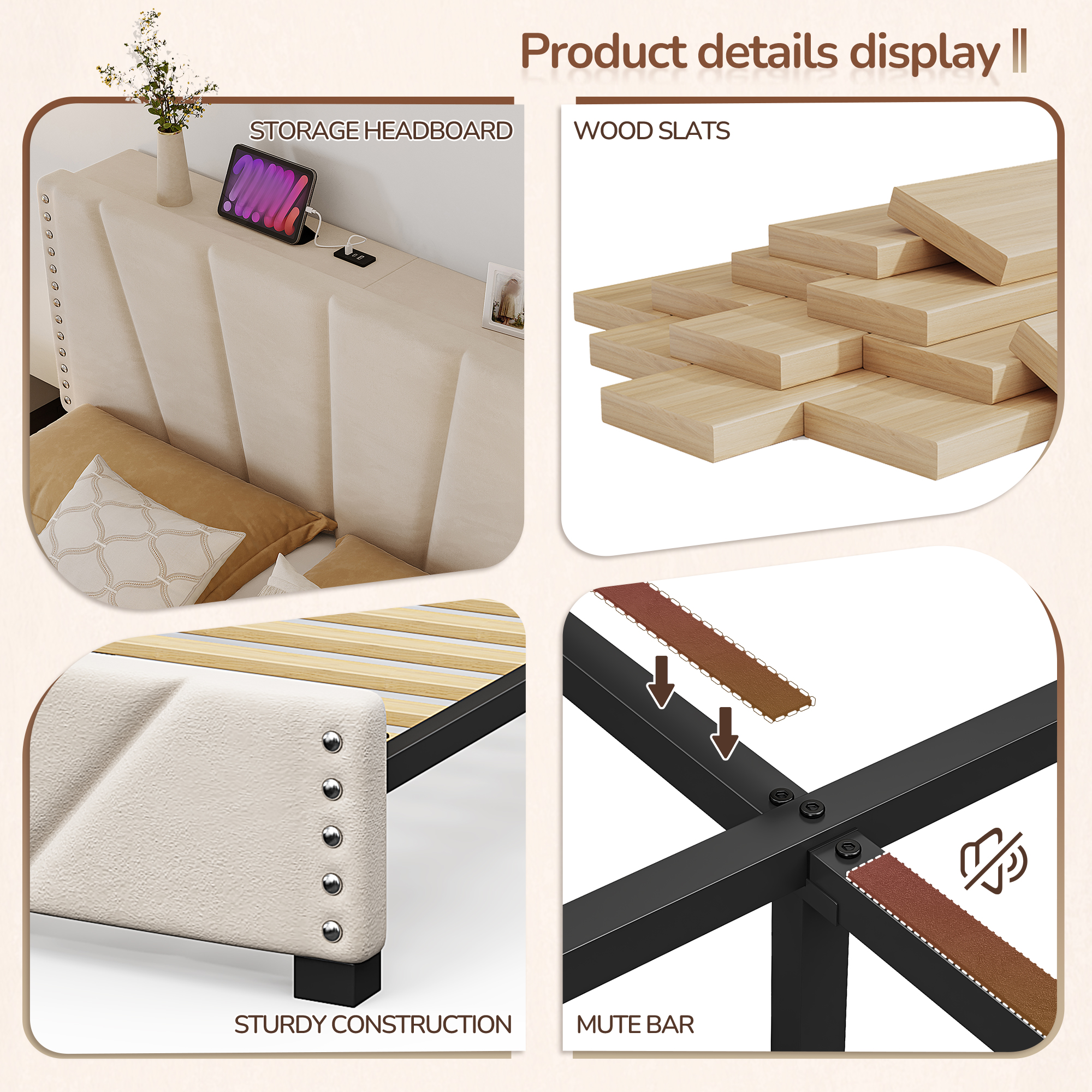 EnHomee Queen Platform Bed with LED Lights & Headboard, Beige photo 3