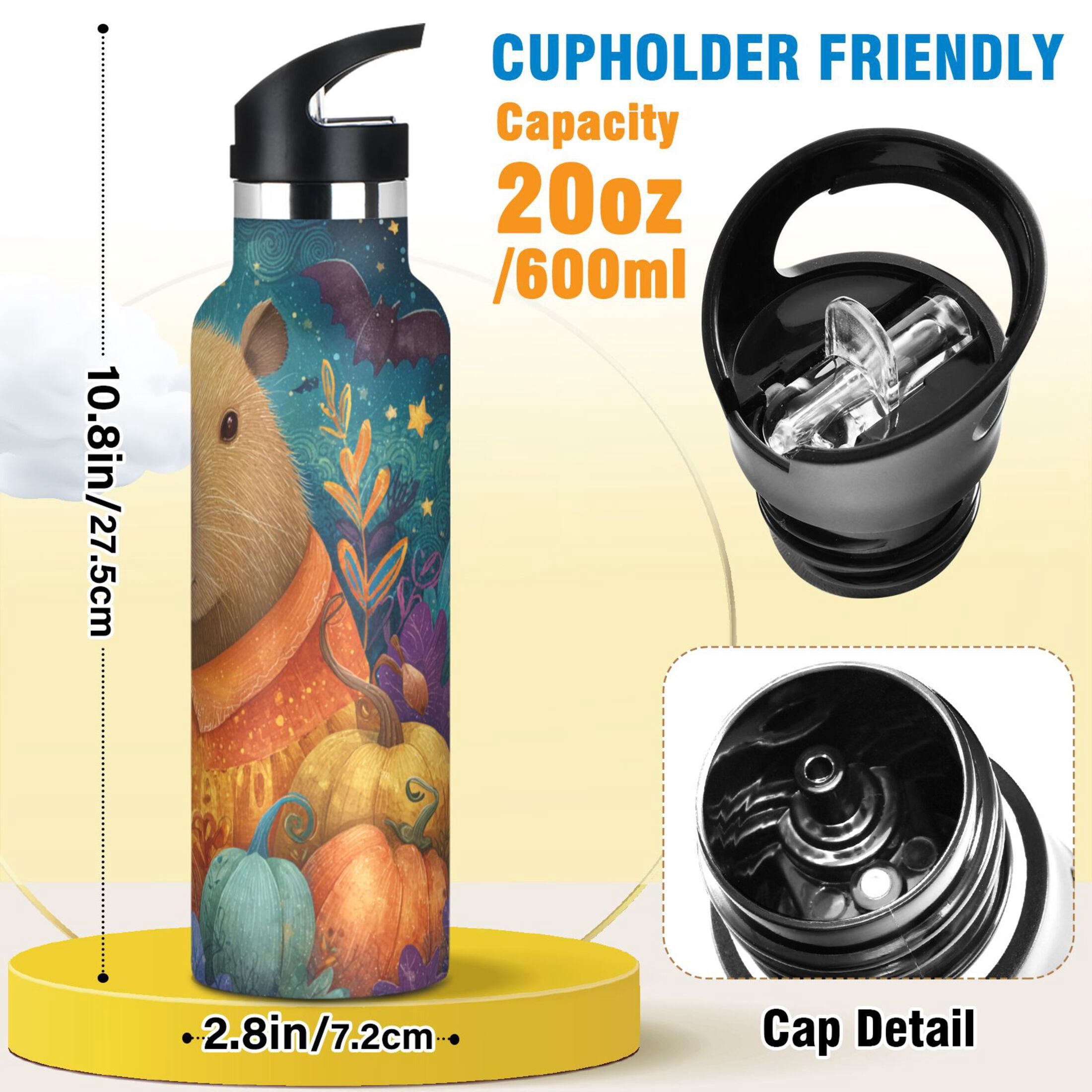 Kids Insulated Stainless Steel Sports Water Bottle 600ml (20oz) Capybara and Pumpkins