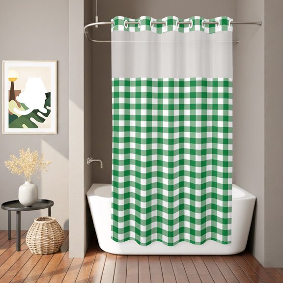 Pastoral Style Shower Curtain, Green Lattice Waterproof No Hooks Bath Shower Curtain with See Through Top Window for Bathroom Bathtub 36x78in