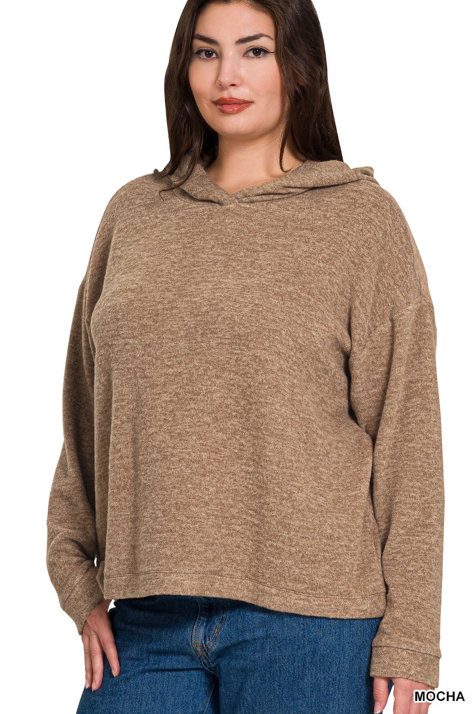Zenana Women's Plus Size Casual Hooded Brushed Melange Hacci Relaxed Fit Light Sweater