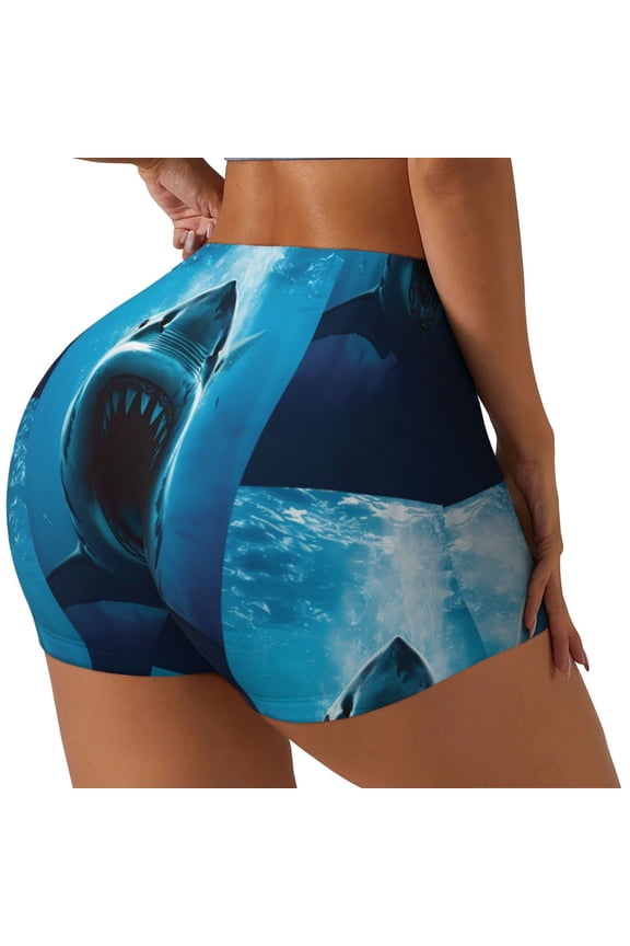 Open-Mouthed Shark Printed Workout Shorts for Women Seamless Scrunch Butt Lifting High Waisted Yoga Gym Booty Running Moisture-wicking Short Pants-Large