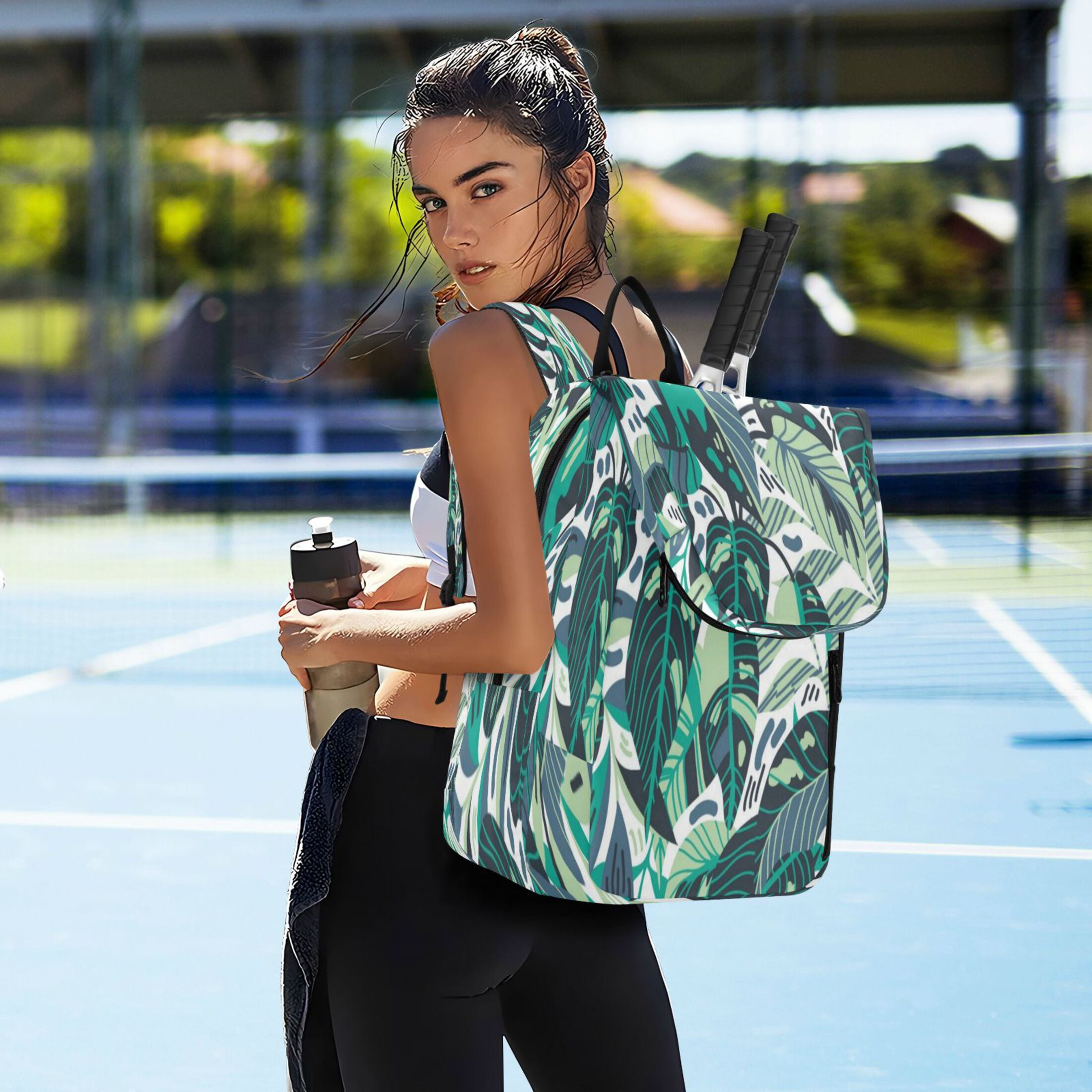 2 Racquet Holder Tennis Backpack Tennis Racket Covers Gym Bags Subdued Tropic - Artistic Tropical Pattern