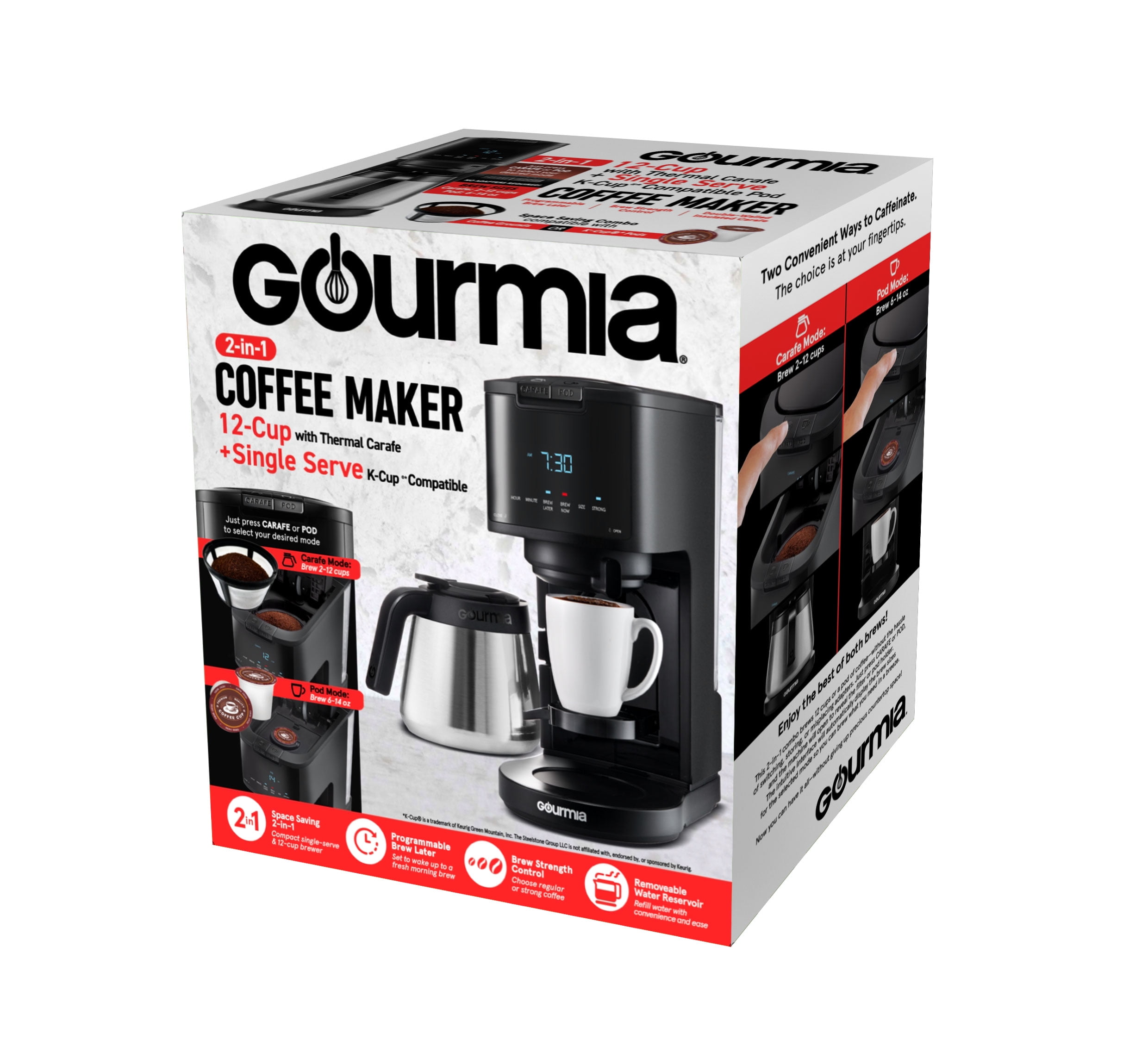 Gourmia Single Serve + 12 Cup Drip Coffee Maker, Thermal Carafe