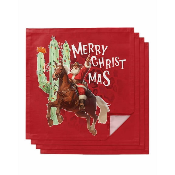 Red Cowboy Christmas Cloth Napkins Set of 4, Western Xmas Santa Cactus Washable Reusable Dinner Cocktail Napkin for Kitchen Party Wedding Banquet Holiday Baby Shower Table Decor