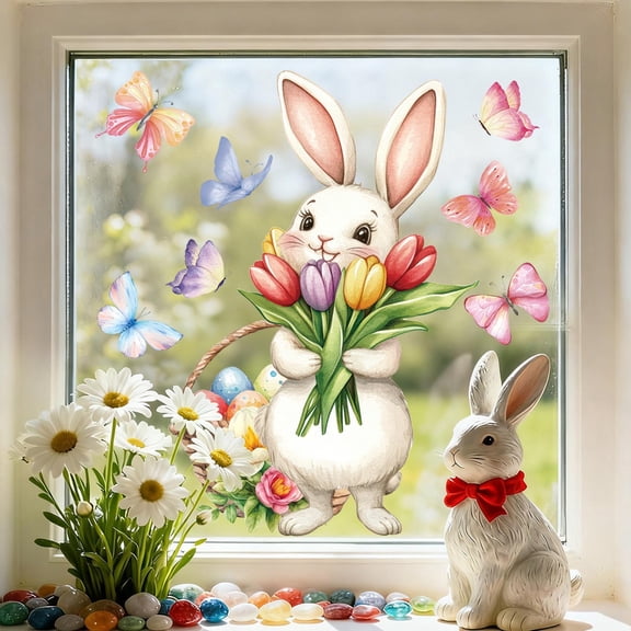 Mareep Easter Window Stickers, Cute Bunny Easter Egg Tree Design Electrostatic Cling Decals for Glass, Wall, Home Party Decor, Reusable Spring Holiday Window Clings