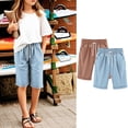 thumbnail image 2 of Girls Summer Shorts 2PC Elastic Waist Knee Length Casual Linen Cotton Bermuda Shorts with Pockets School Uniform Shorts Brown 7-8Years, 2 of 5
