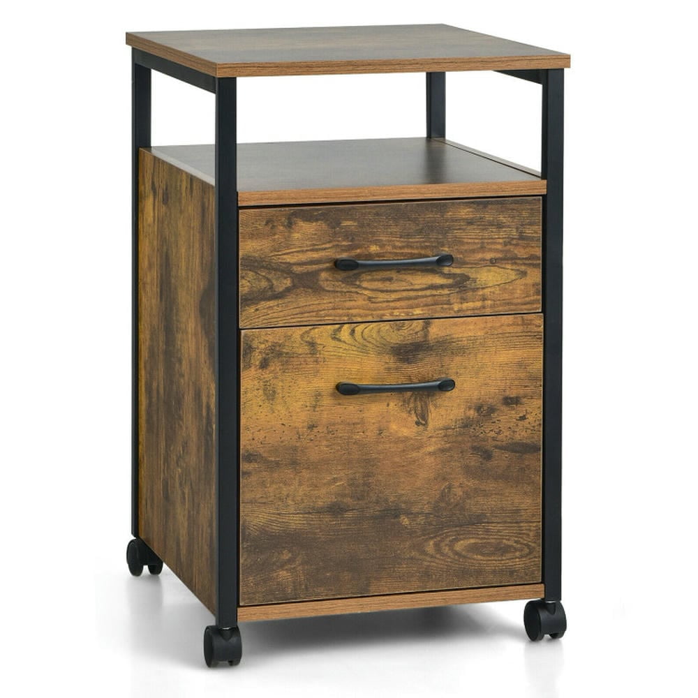 Yardi Yard 2 Drawer Mobile File Cabinet Printer Stand with Open Shelf for Letter Size-Rustic Brown, Desk Drawers, File Cabinet for Home Office