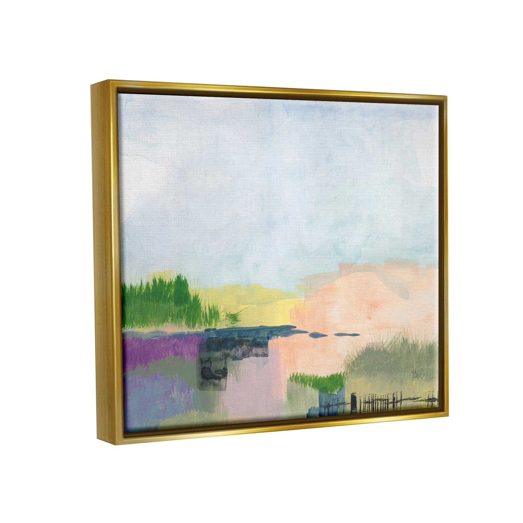 Stupell Industries Rural Pastel Landscape Comforting Farmland Hills Scenery Painting Metallic Gold Floating Framed Canvas Print Wall Art, Design by Jan Weiss