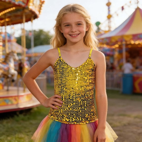 Girls Carnival Adjustable Elastic Band Sequined Belly Top for Children Over Five Years Old Short Sleeve Shirt for Girls Tees Kids Tshirts Clothes Summer Tops T-Shirt
