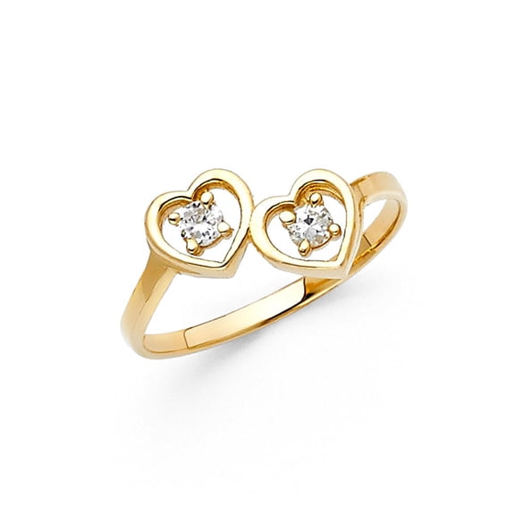 14k Yellow Italian Solid Gold CZ Double Heart Prong Set Ring 10mm