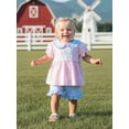 thumbnail image 3 of BemeyourBBs Toddler Baby Baby Girl Summer Clothes Infant Baby Girl 2 Pieces Outfit Bow Embroidered Striped Ruffled Trim Doll Collar Short Sleeve Shirt Tops and Shorts Set, 3 of 9