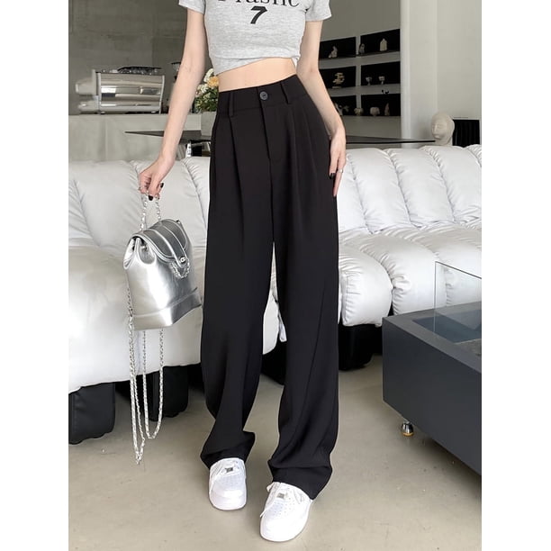 Pantalones anchos de cintura alta para mujer, holgados, de verano, para tiempo libre, a la moda, largos, cómodos, para oficina, estilo japonés, lisos, plisados.