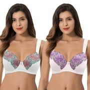 Curve Muse Womens Plus Size Minimizer Underwire Unlined Bra with Embroidery Lace-2Pack-BUTTERMILK,ORCHID TINT-34B