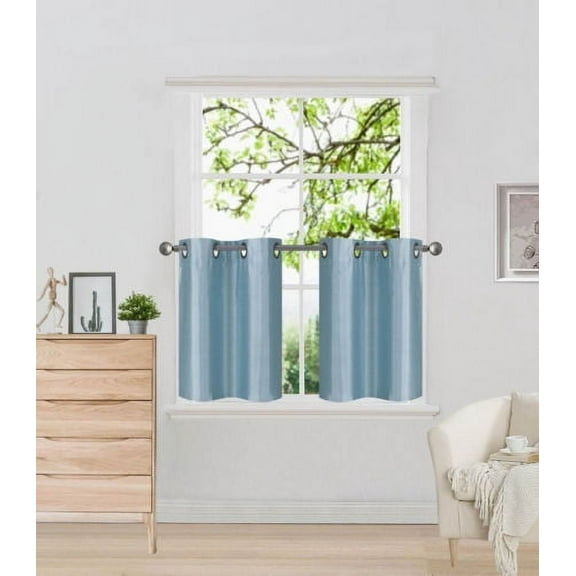 N29 Lt. Blue 2-Piece Solid Faux Silk Short  Window Curtain Set, Two (2) Grommets Panels 30" Wide x 24" Length Each