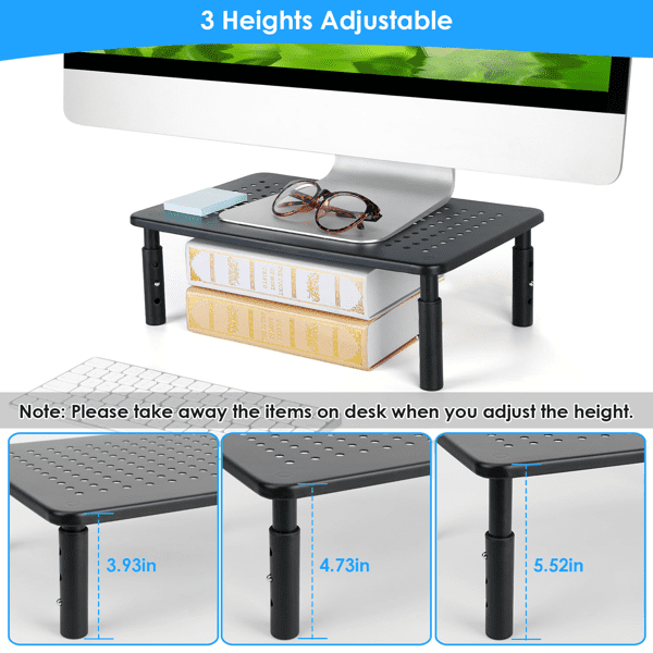 Adjustable Monitor Riser Stand, 3‑Level Height Adjustable Metal Monitor Stand with Ventilated Mesh Platform, 44 Lbs Capacity for Monitor, Laptop, Printer